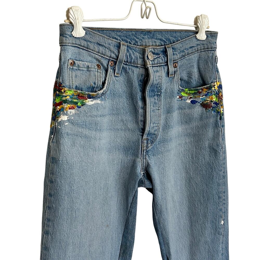 Custom Reworked Levi's 501 Split-Hem Flare Paint Splatter Jeans Size 25 - Picture 11 of 13